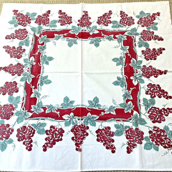 Vintage Mid Century Printed Cotton Tablecloth Red & Mint Green Grapevine Border - Picture 7 of 10